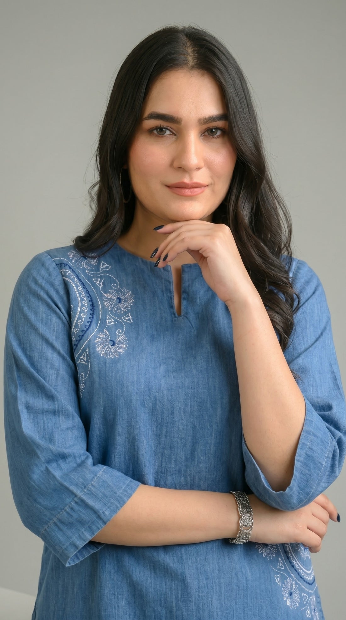 Half Circle Embroidered Denim Top - Etiquette Apparel 