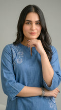 Product Carousel Image 1: Half Circle Embroidered Denim Top