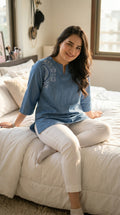 Product Carousel Image 3: Half Circle Embroidered Denim Top