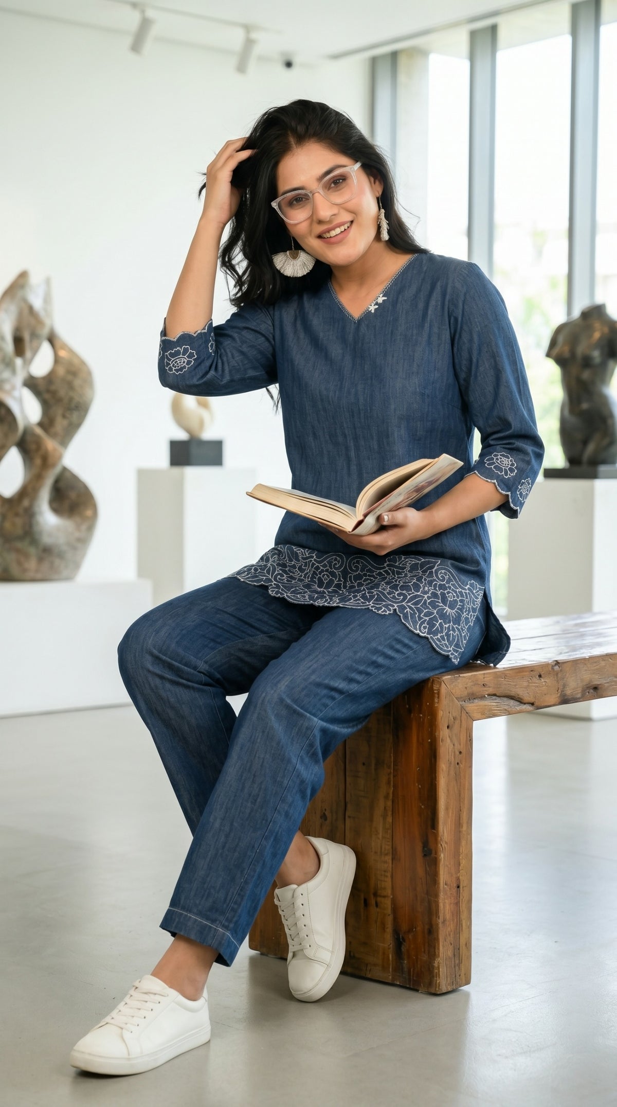 Luxe Denim Cutwork Co-ord set - Etiquette Apparel