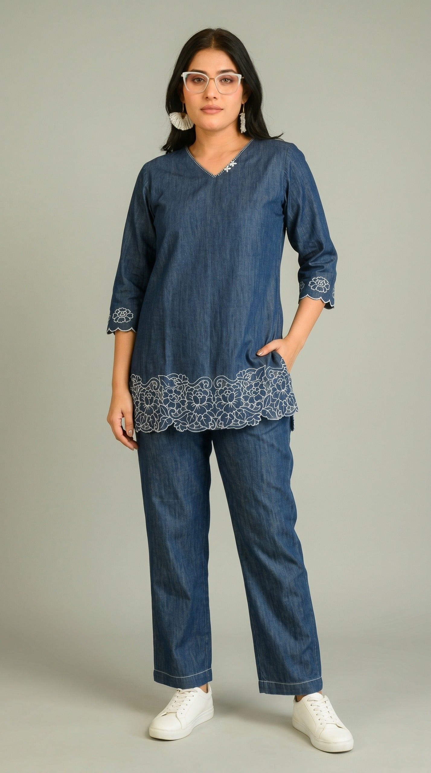 Luxe Denim Cutwork Co-ord set - Etiquette Apparel