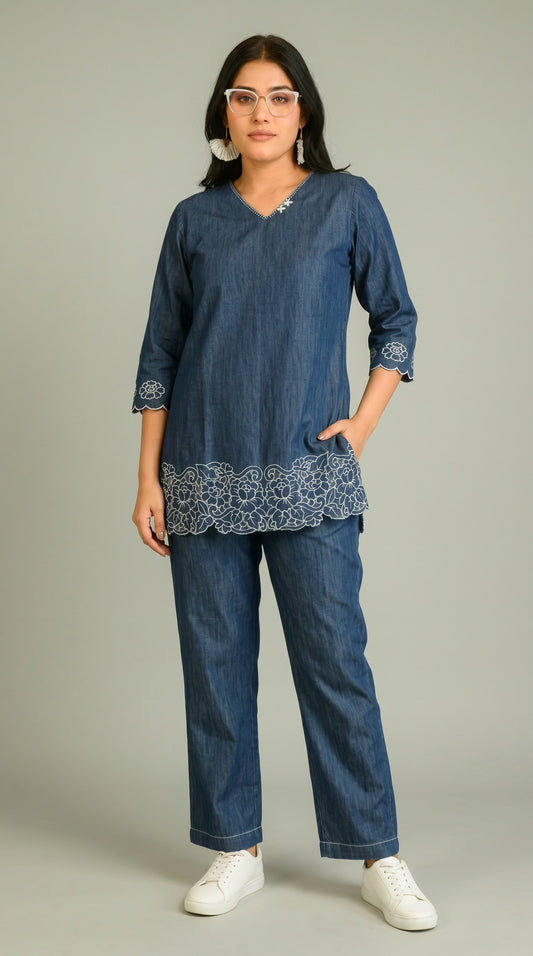 Luxe Denim Cutwork Co-ord set - Etiquette Apparel