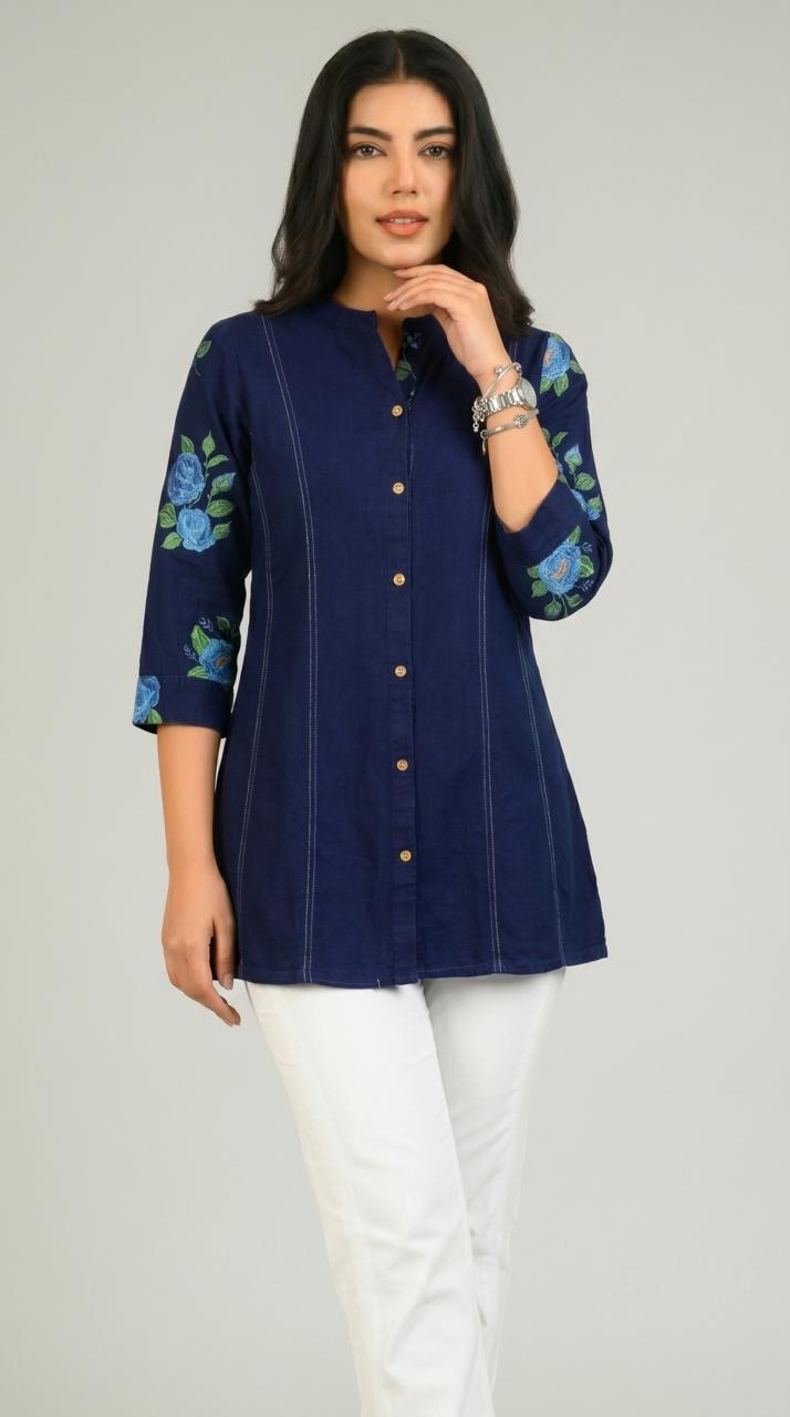 Handpainted Denim Sleeved Top - Etiquette Apparel 