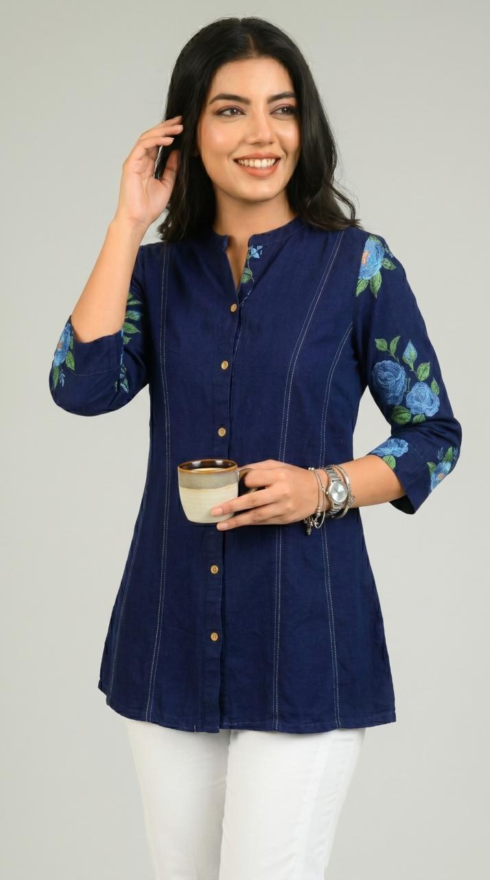 Handpainted Denim Sleeved Top - Etiquette Apparel 