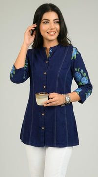 Handpainted Denim Sleeved Top - Etiquette Apparel 