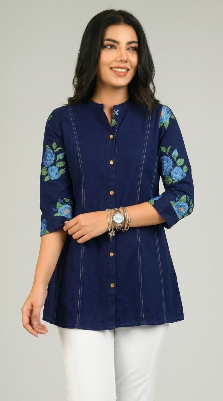 Handpainted Denim Sleeved Top - Etiquette Apparel 