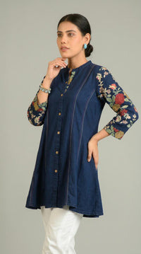 Handpainted Denim Sleeved Top - Etiquette Apparel 