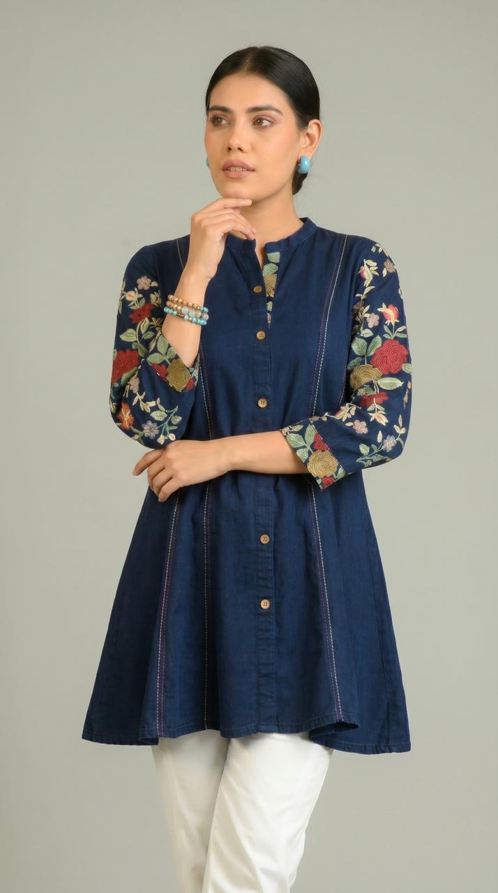 Handpainted Denim Sleeved Top - Etiquette Apparel 