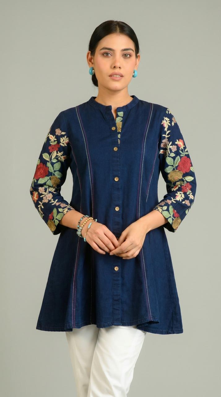 Handpainted Denim Sleeved Top - Etiquette Apparel 