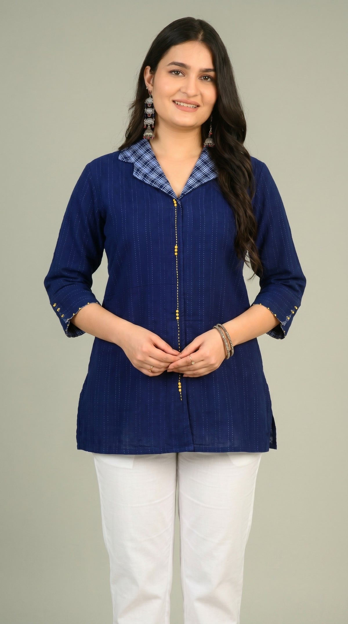 Reverse Indigo Collared Top - Etiquette Apparel 