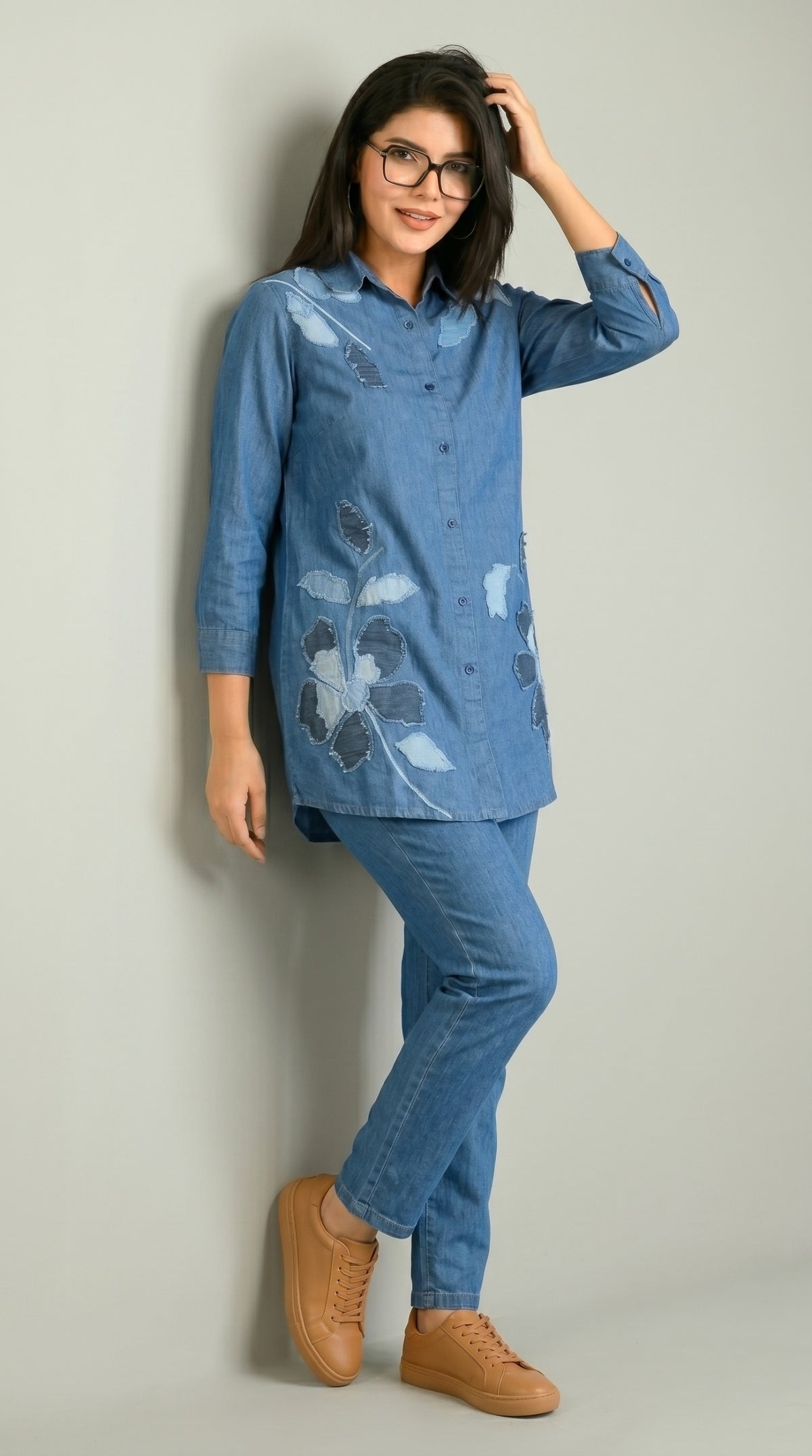 Edgy Denim Co-ord With Leaf Appliqué Co-ord set - Etiquette Apparel