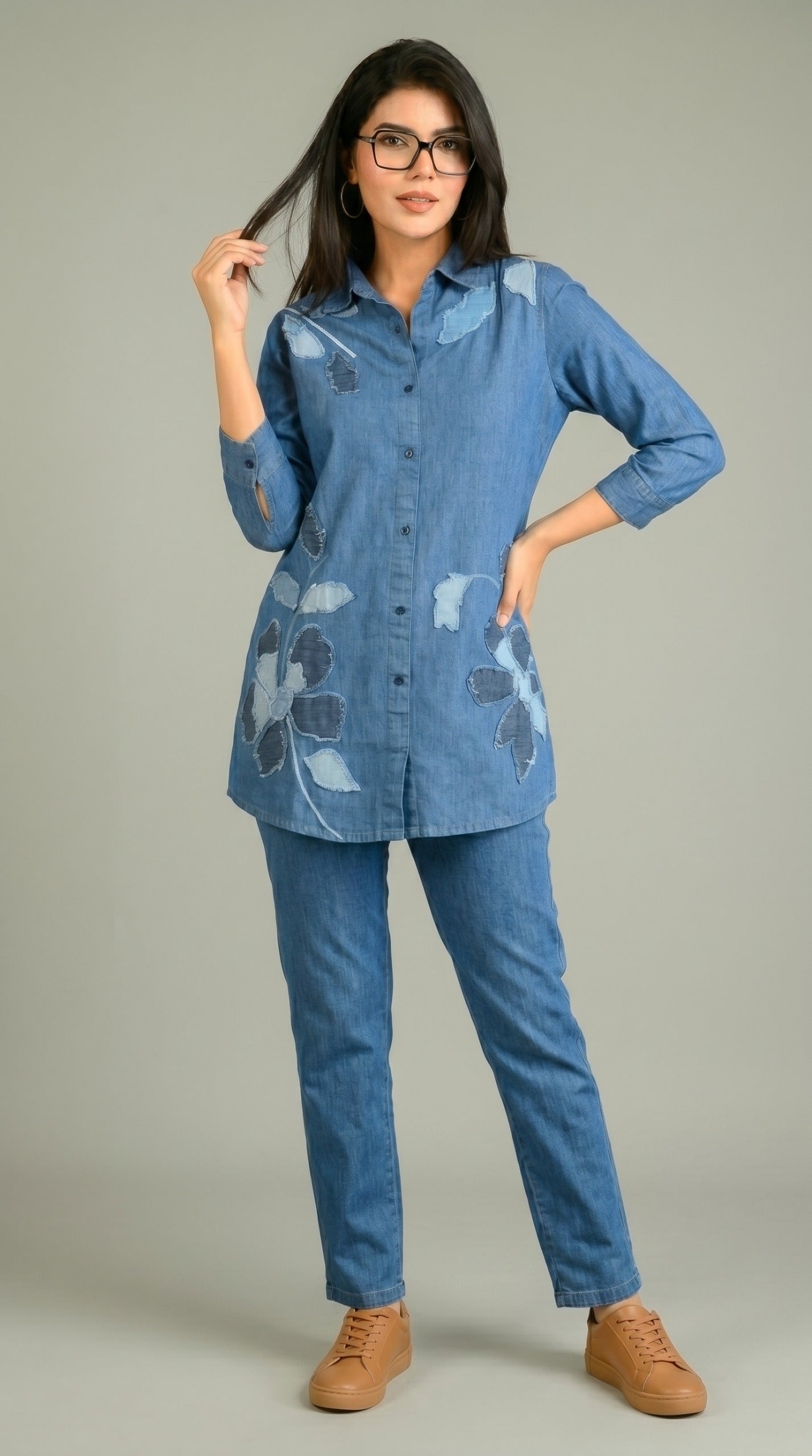 Edgy Denim Co-ord With Leaf Appliqué Co-ord set - Etiquette Apparel