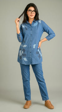 Edgy Denim Co-ord With Leaf Appliqué Co-ord set - Etiquette Apparel