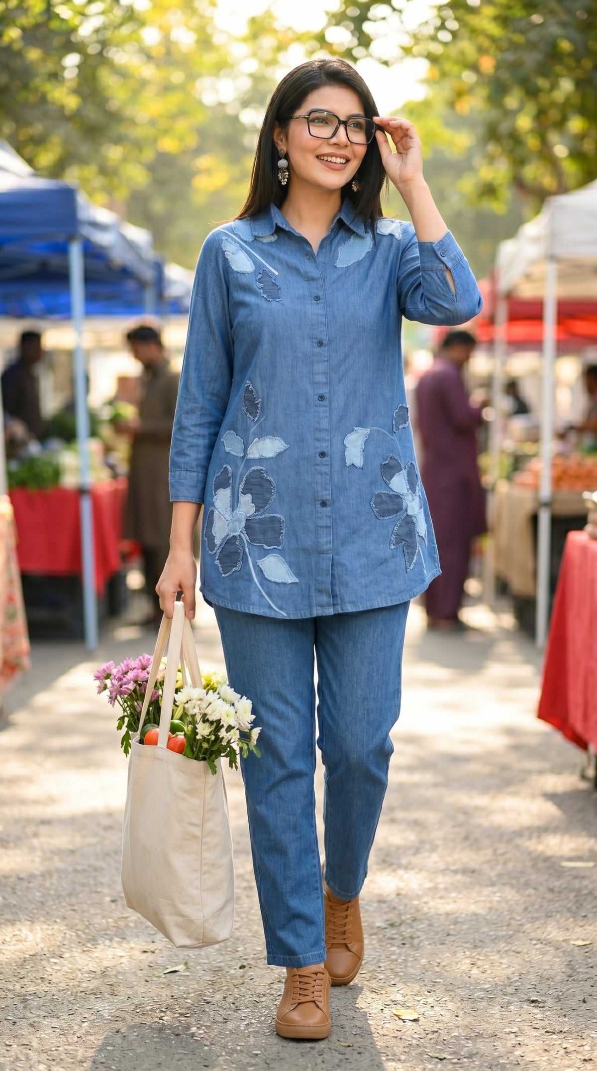 Edgy Denim Co-ord With Leaf Appliqué Co-ord set - Etiquette Apparel