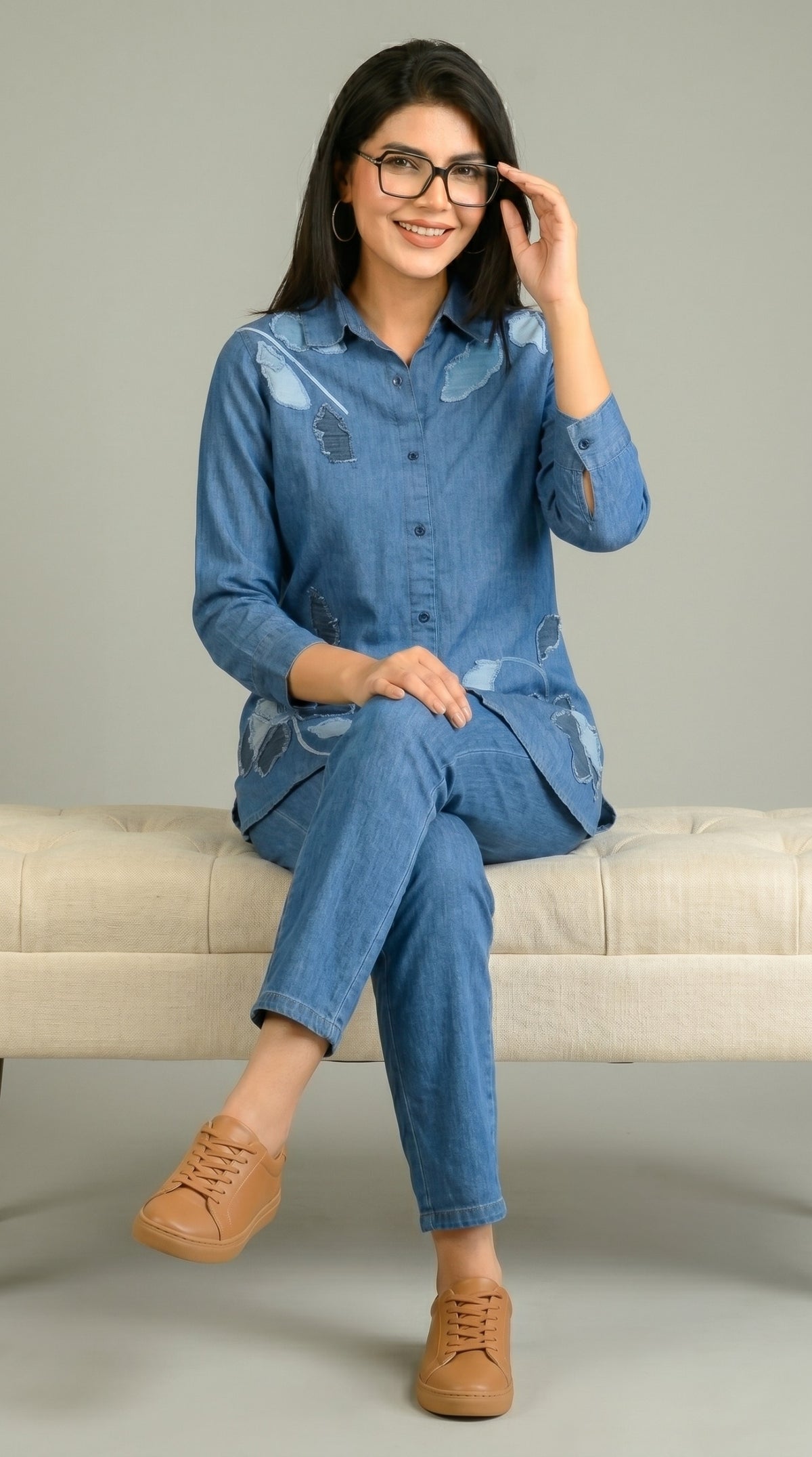 Edgy Denim Co-ord With Leaf Appliqué Co-ord set - Etiquette Apparel