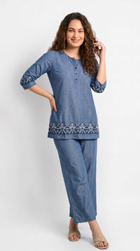 Indigo Bloom Embroidered Co-ord Set - Etiquette Apparel
