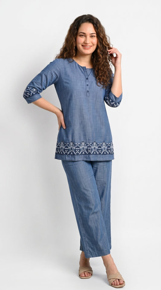 Indigo Bloom Embroidered Co-ord Set - Etiquette Apparel