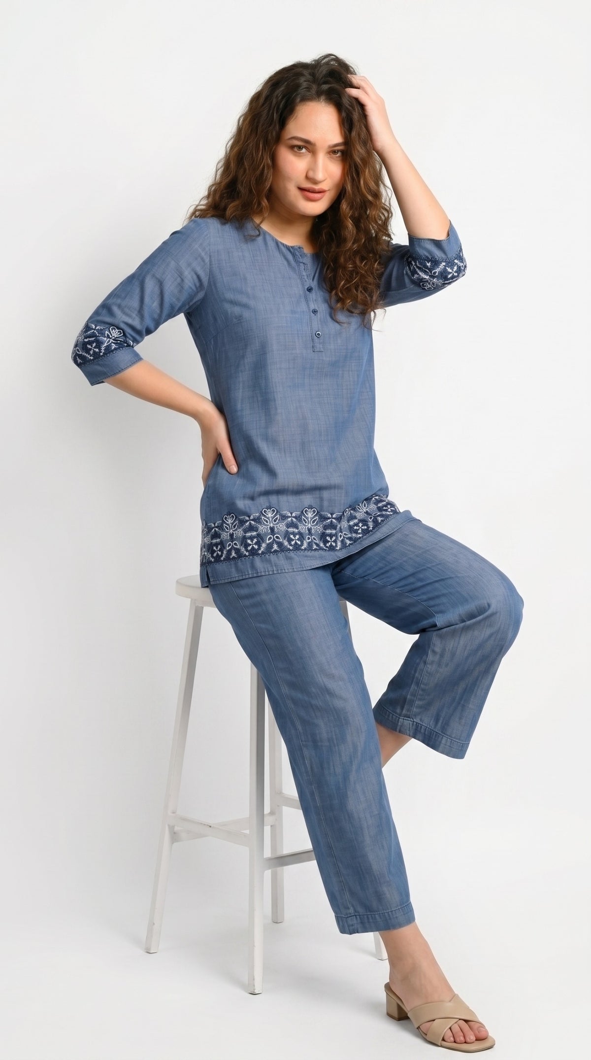 Indigo Bloom Embroidered Co-ord Set - Etiquette Apparel