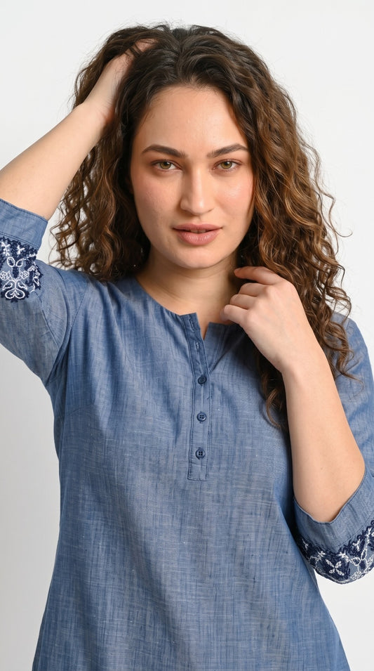 Indigo Bloom Embroidered Co-ord Set - Etiquette Apparel