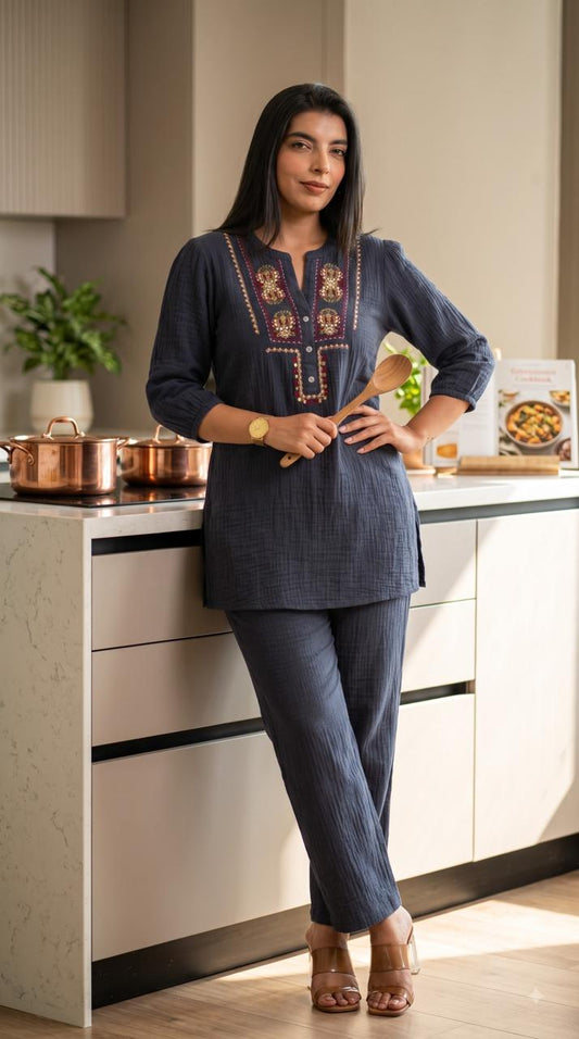 Embroidered Co-ord Set – Floral Motif – Anti Fit