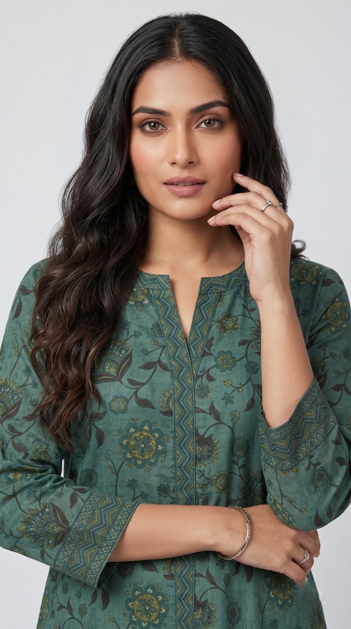 Floral Print Kurta With Geometric Touch