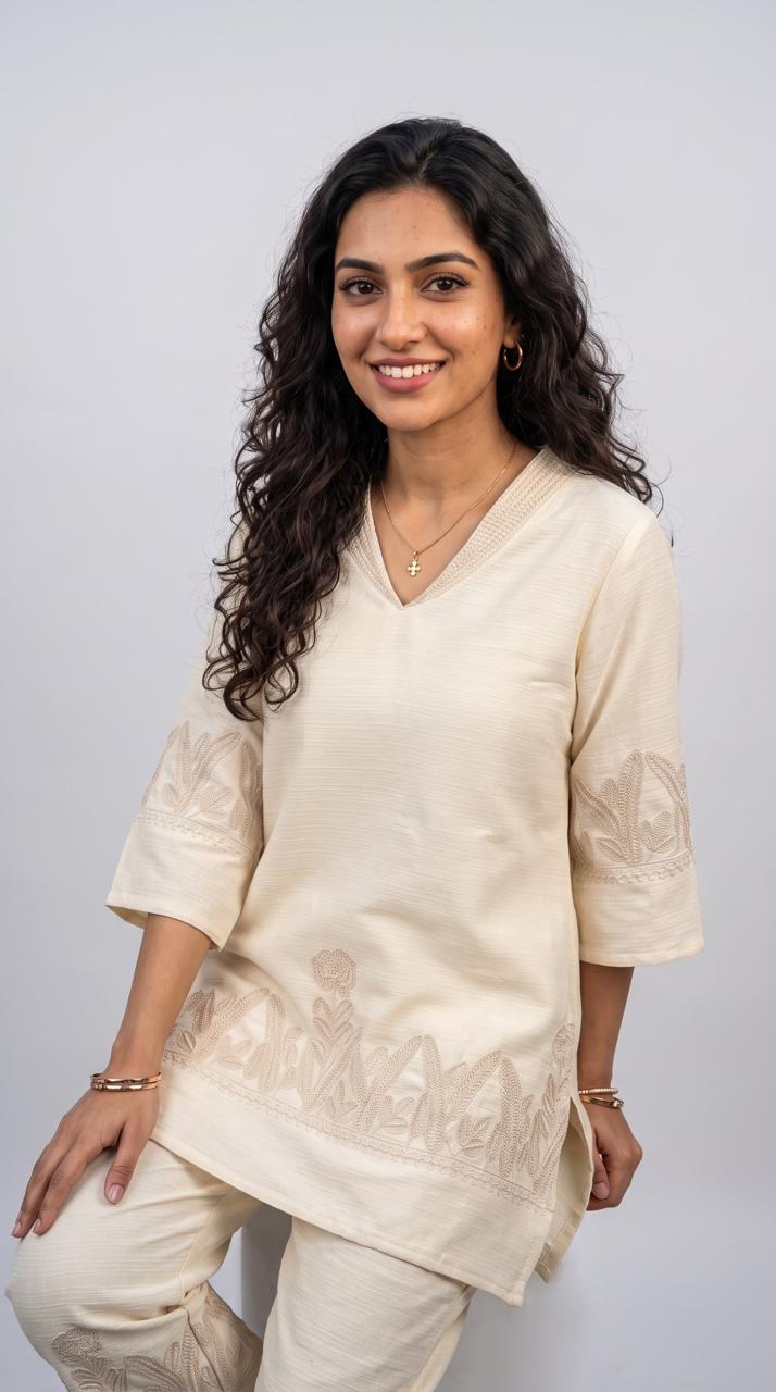 Ivory Floral Embroidered Co Ord Set - Etiquette Apparel