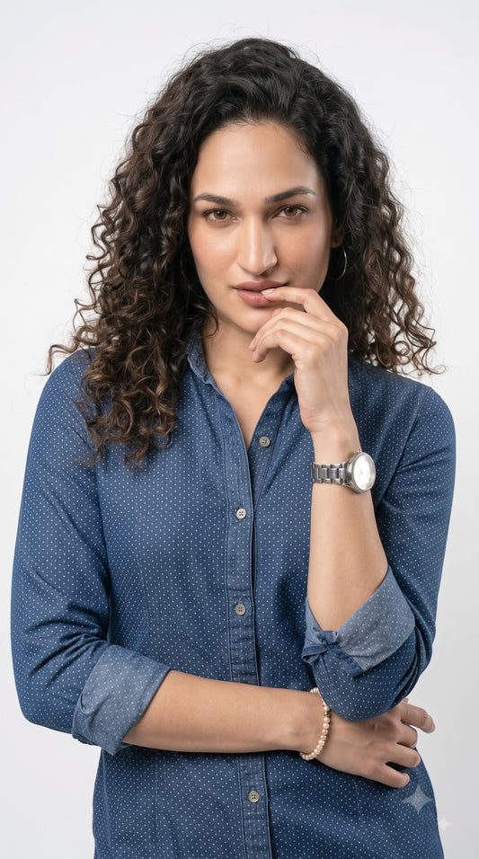 Cotton Indigo Dotted Jacquard Dress - Etiquette Apparel