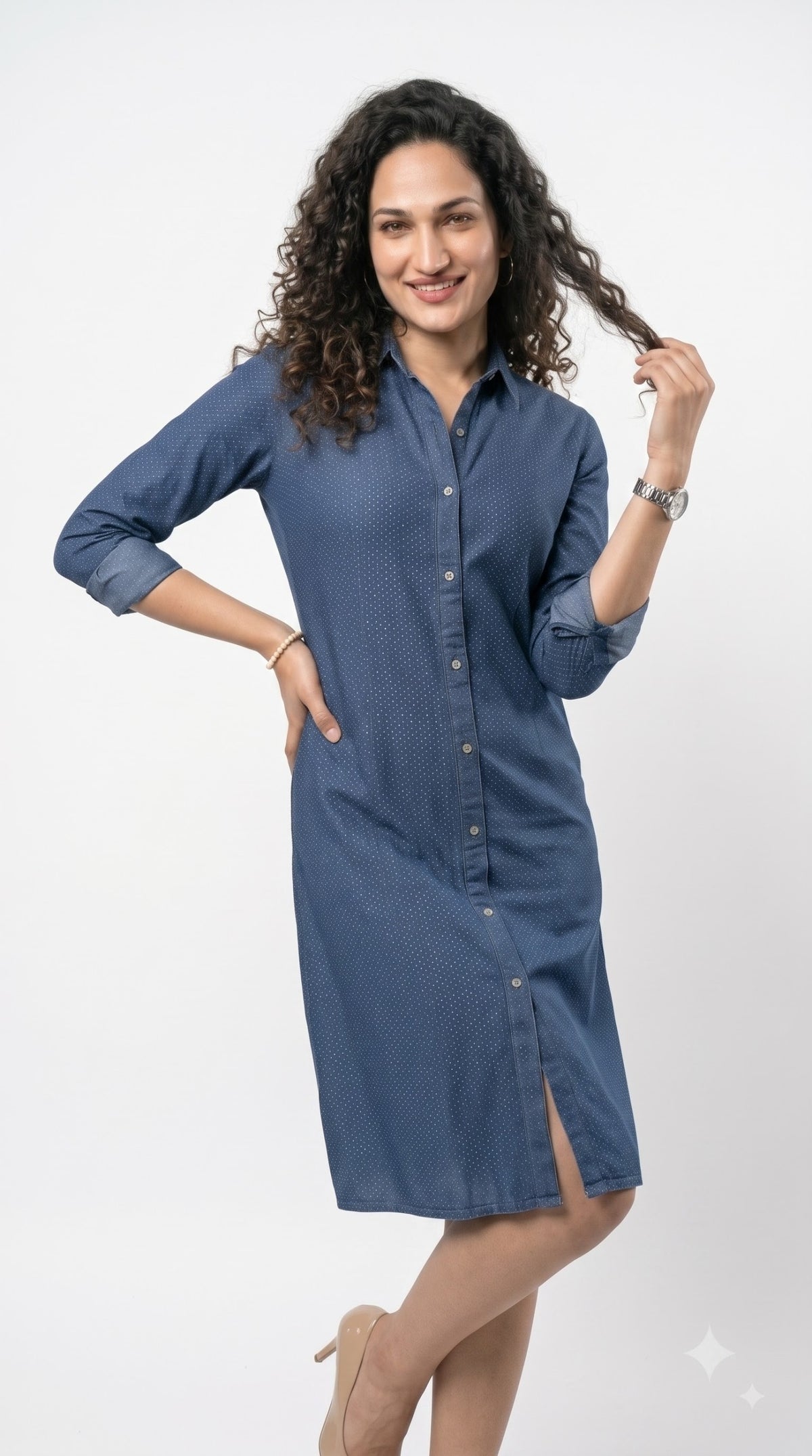 Cotton Indigo Dotted Jacquard Dress - Etiquette Apparel