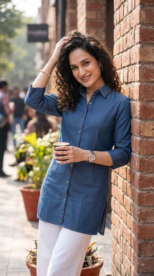 Indigo Dotted Cotton Jacquard Top - Etiquette Apparel