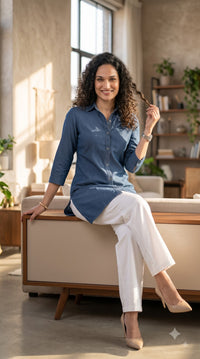 Indigo Dotted Cotton Jacquard Top - Etiquette Apparel