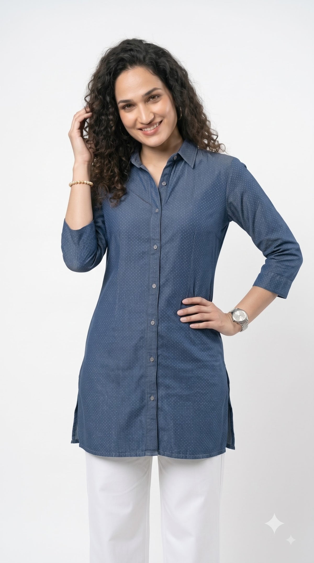Indigo Dotted Cotton Jacquard Top - Etiquette Apparel