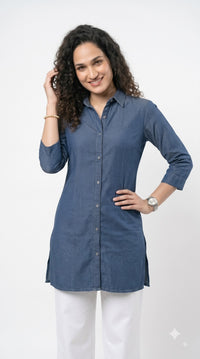 Indigo Dotted Cotton Jacquard Top - Etiquette Apparel