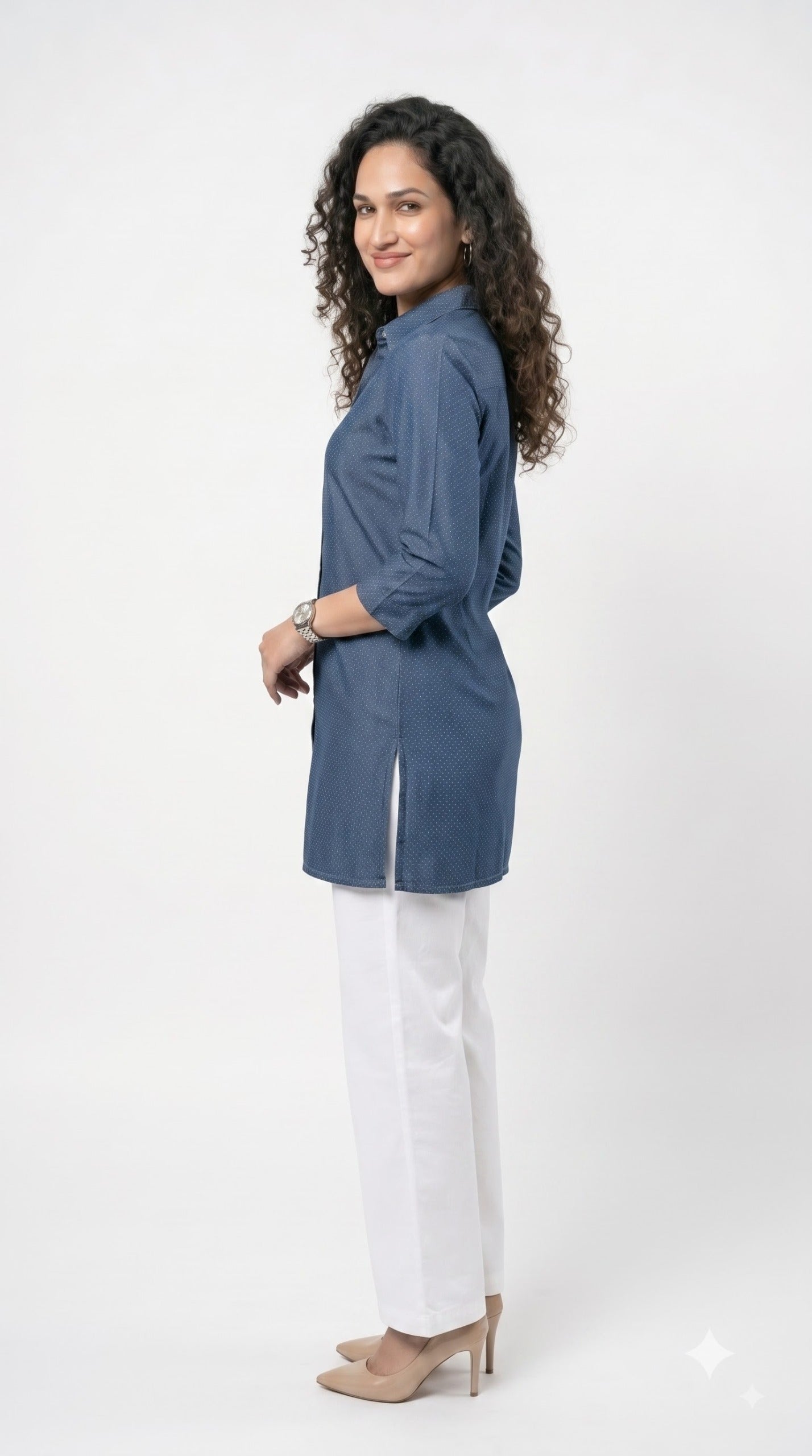 Indigo Dotted Cotton Jacquard Top - Etiquette Apparel