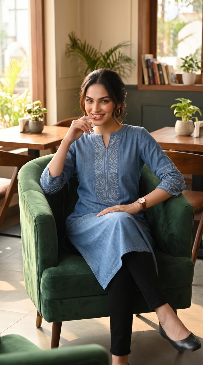 Cross Stitch Denim Indigo Kurta - Etiquette Apparel
