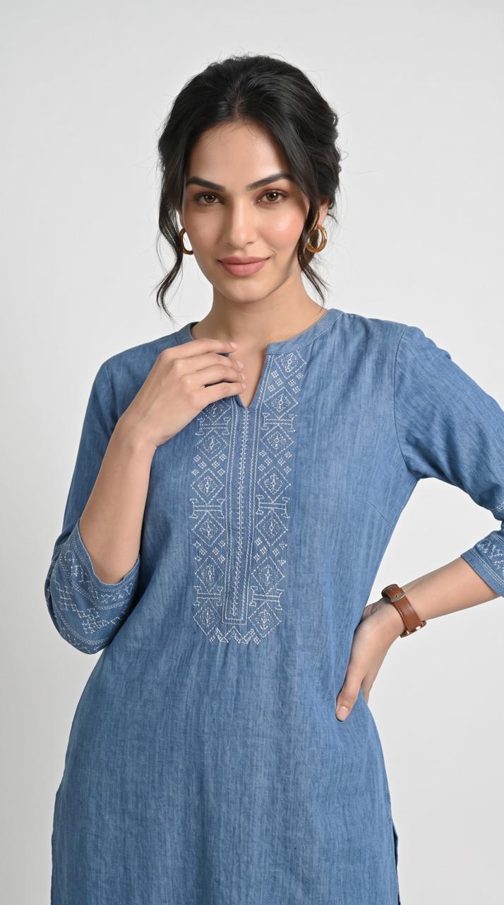 Cross Stitch Denim Indigo Kurta - Etiquette Apparel