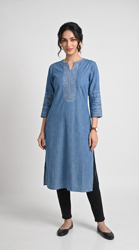 Cross Stitch Denim Indigo Kurta - Etiquette Apparel