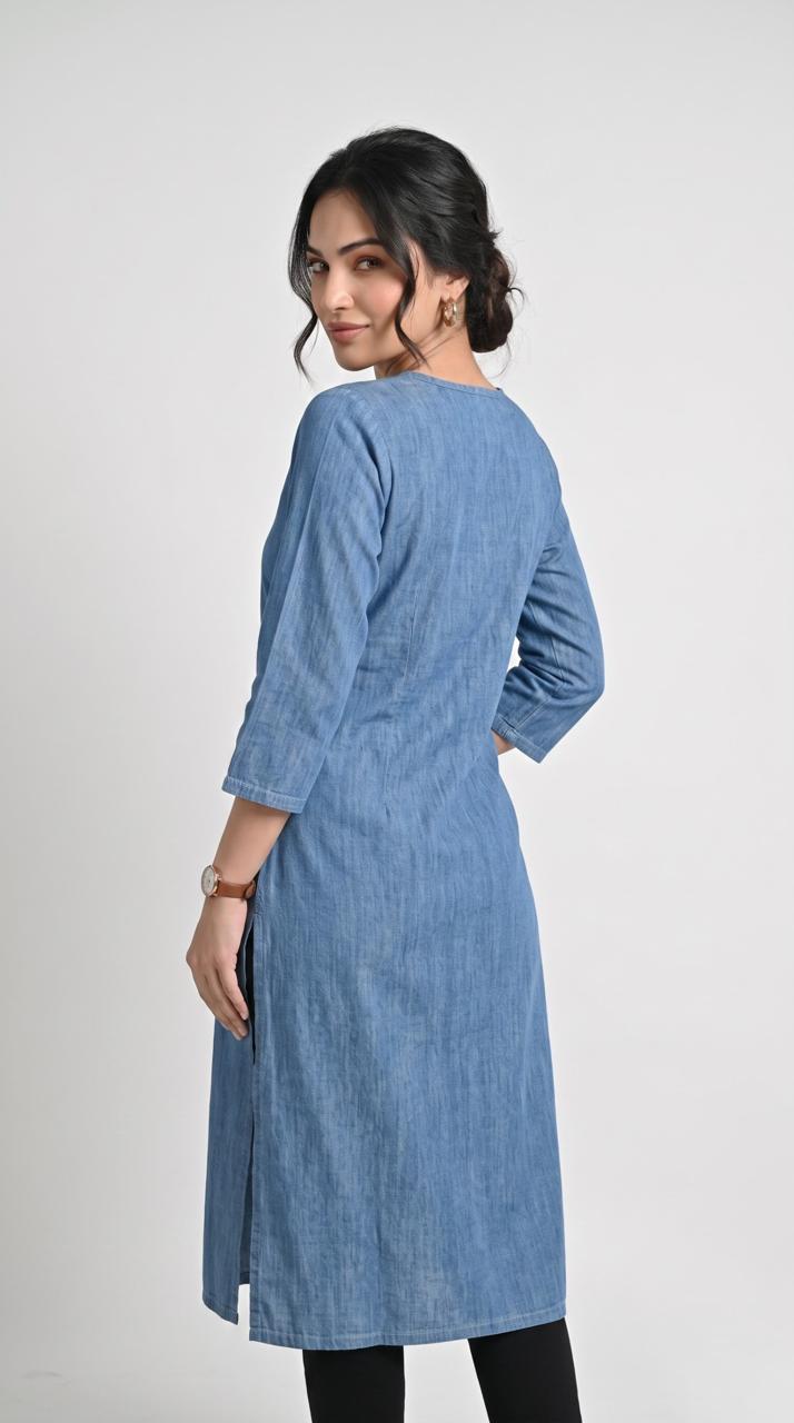 Cross Stitch Denim Indigo Kurta - Etiquette Apparel