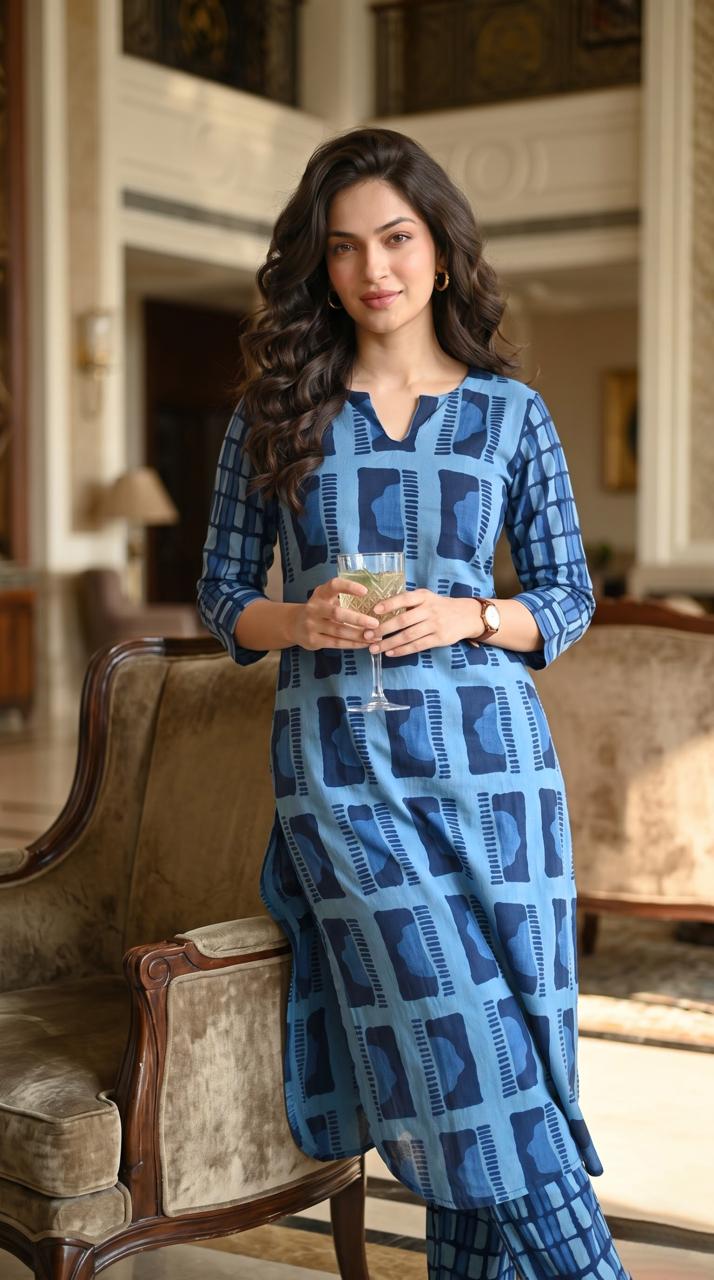 Indigo Geometric Printed Kurta Set