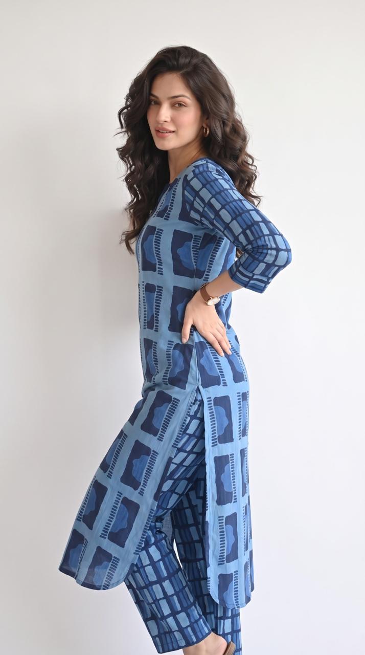 Indigo Geometric Printed Kurta Set