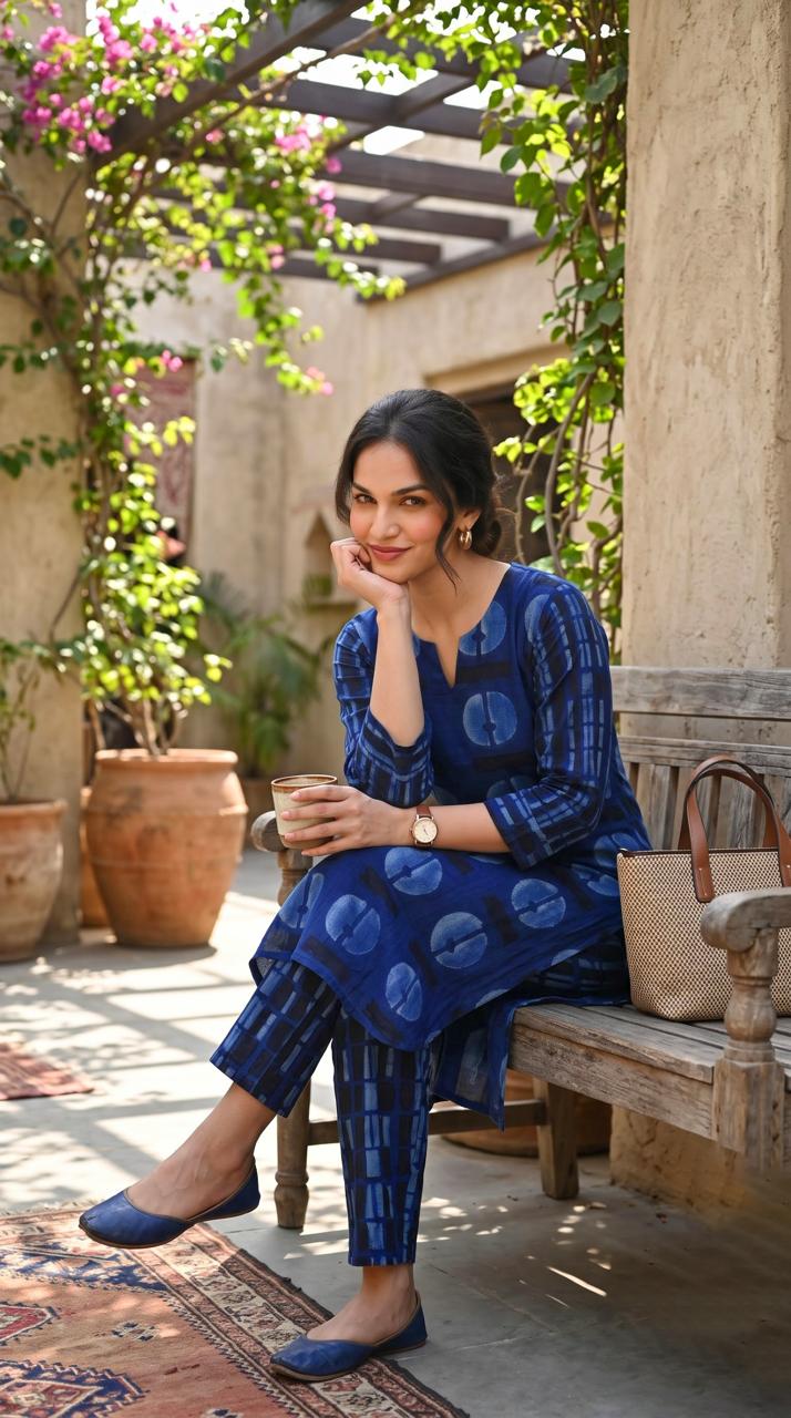 Indigo Geometric Printed Kurta Set