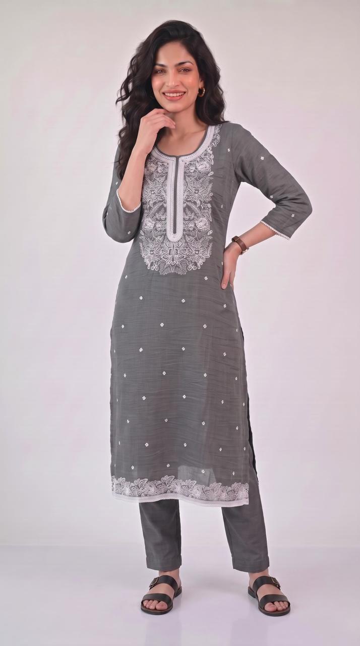 Chanderi Floral Embroidered Kurta Set