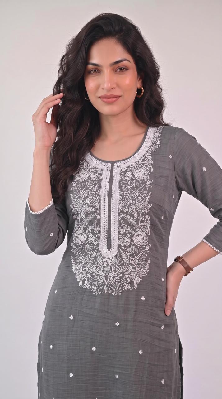 Chanderi Floral Embroidered Kurta Set
