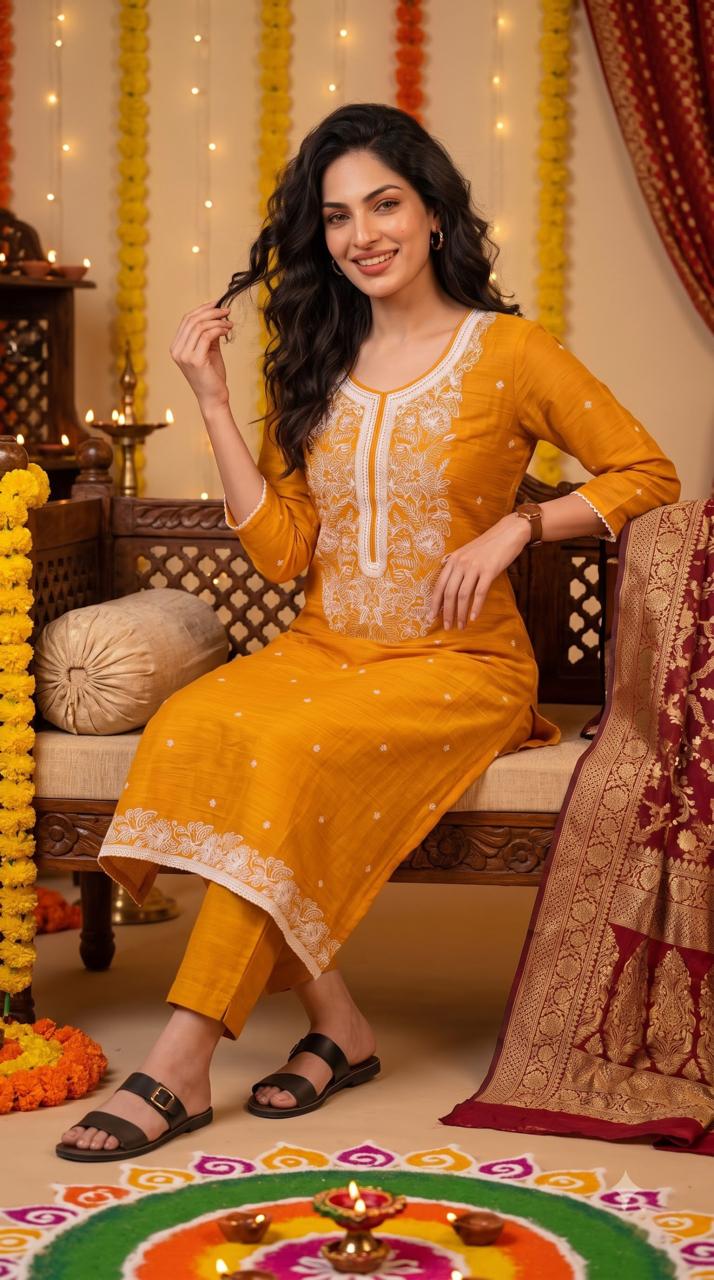 Chanderi Floral Embroidered Kurta Set