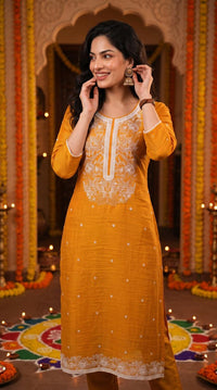 Chanderi Floral Embroidered Kurta Set