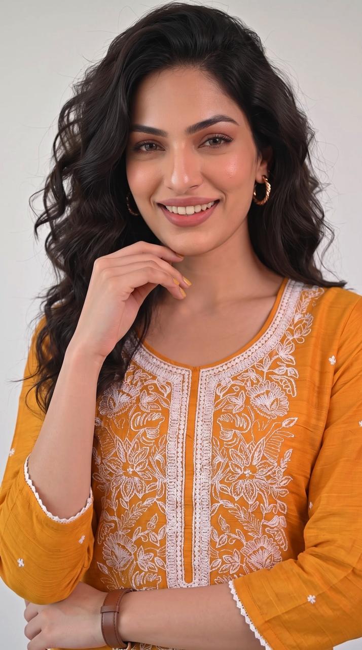 Chanderi Floral Embroidered Kurta Set