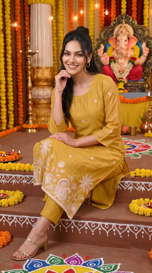 Chanderi Floral Charm Kurta Set - Etiquette Apparel