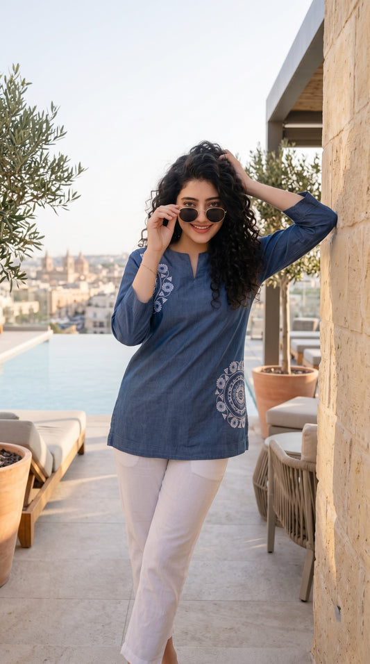 Half Circle Embroidered Denim Top - Etiquette Apparel