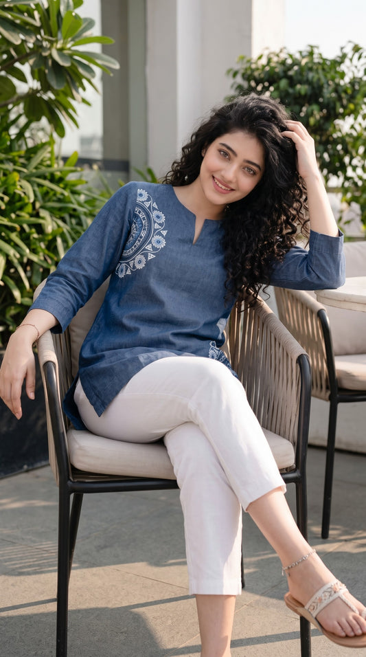 Half Circle Embroidered Denim Top - Etiquette Apparel
