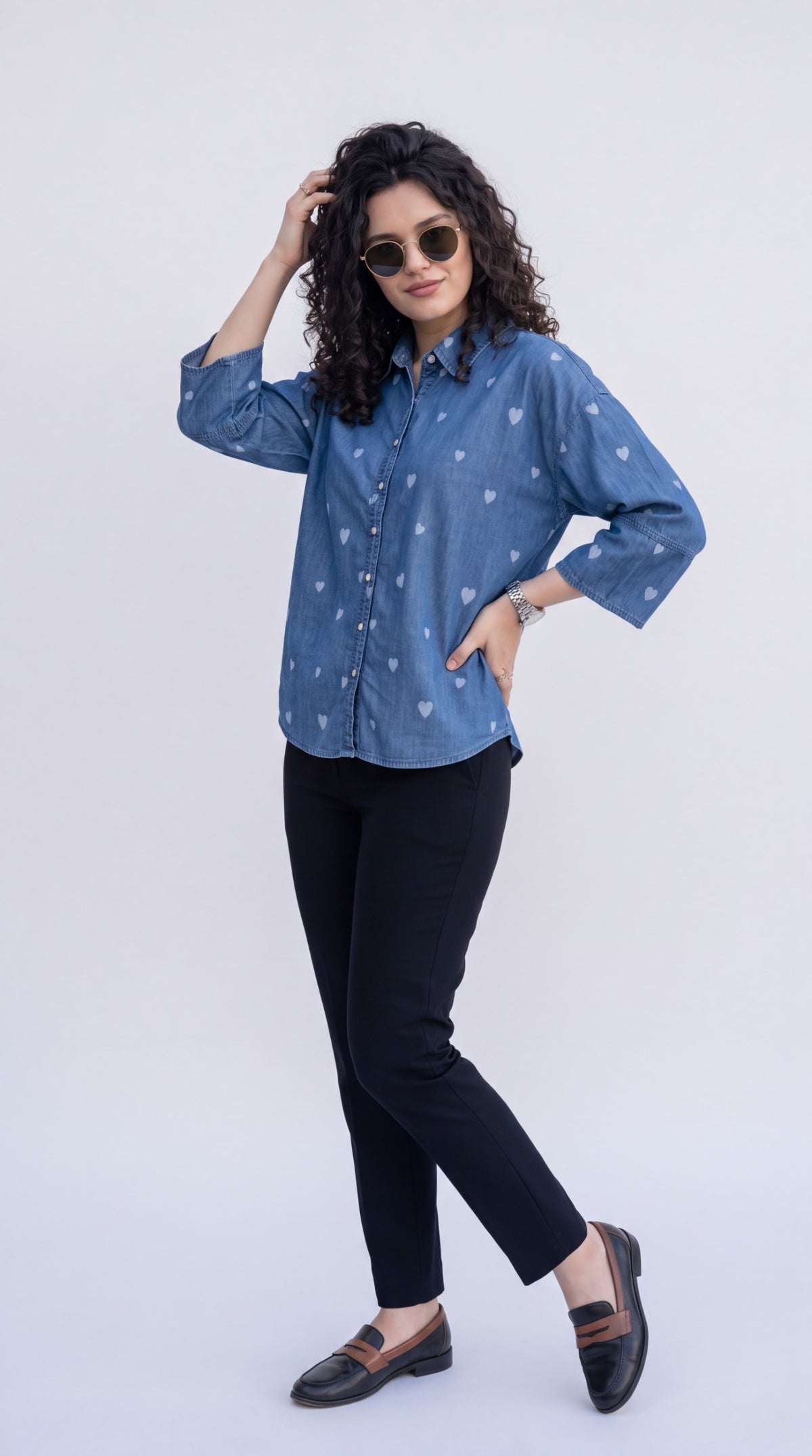 All-Over Heart Print Denim Shirt