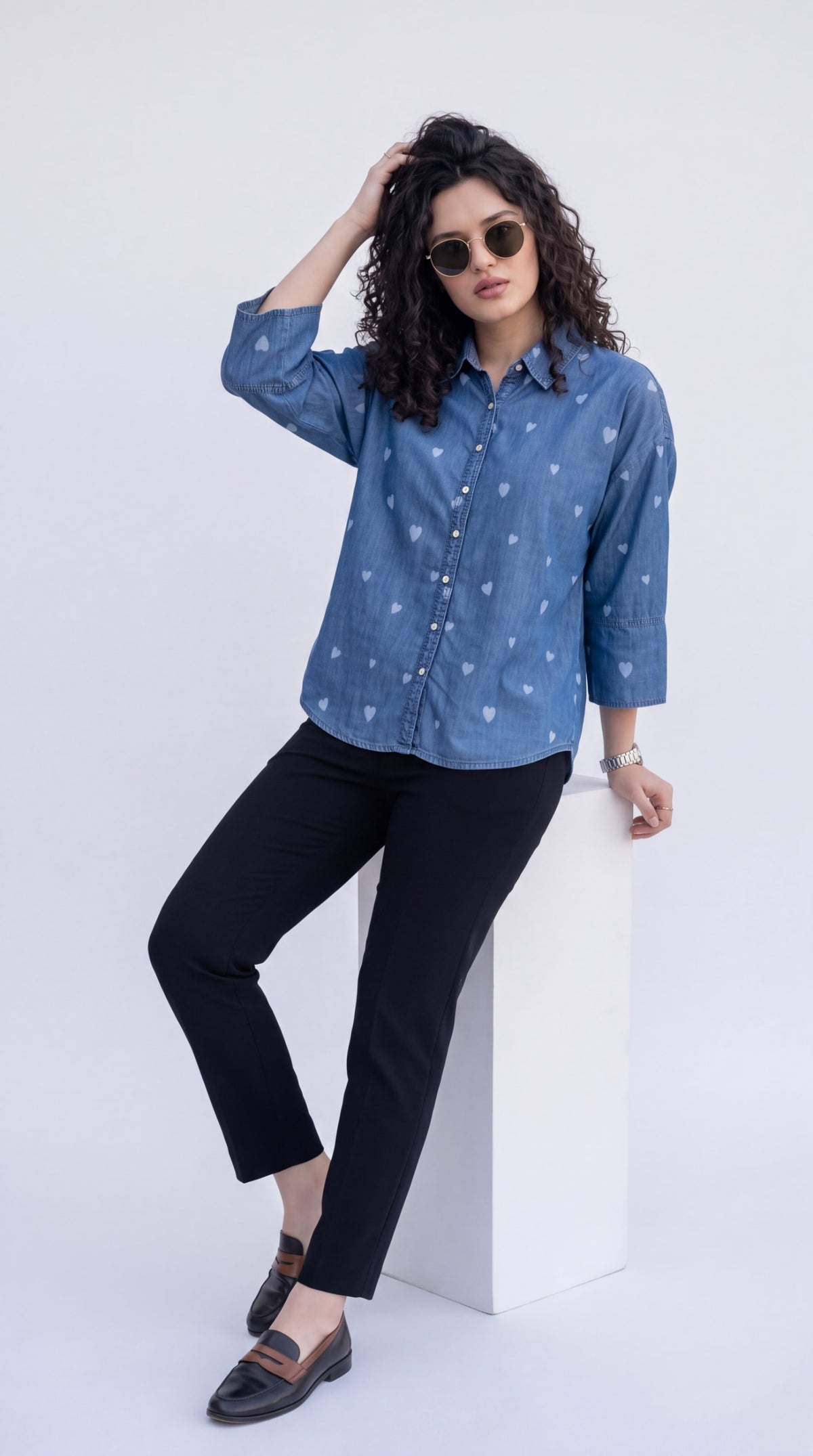 All-Over Heart Print Denim Shirt